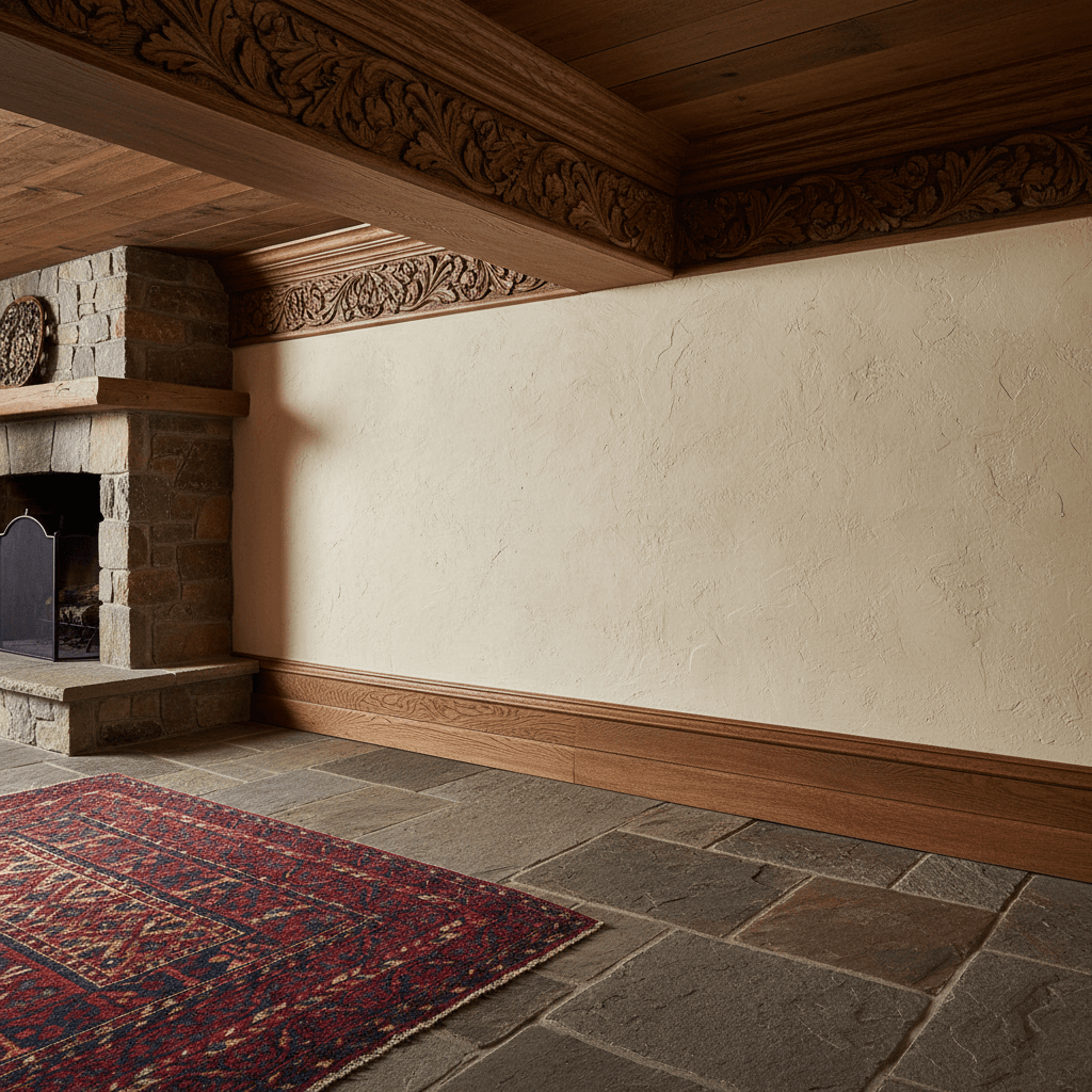 Detailed crown molding and baseboard trim in a traditional interior