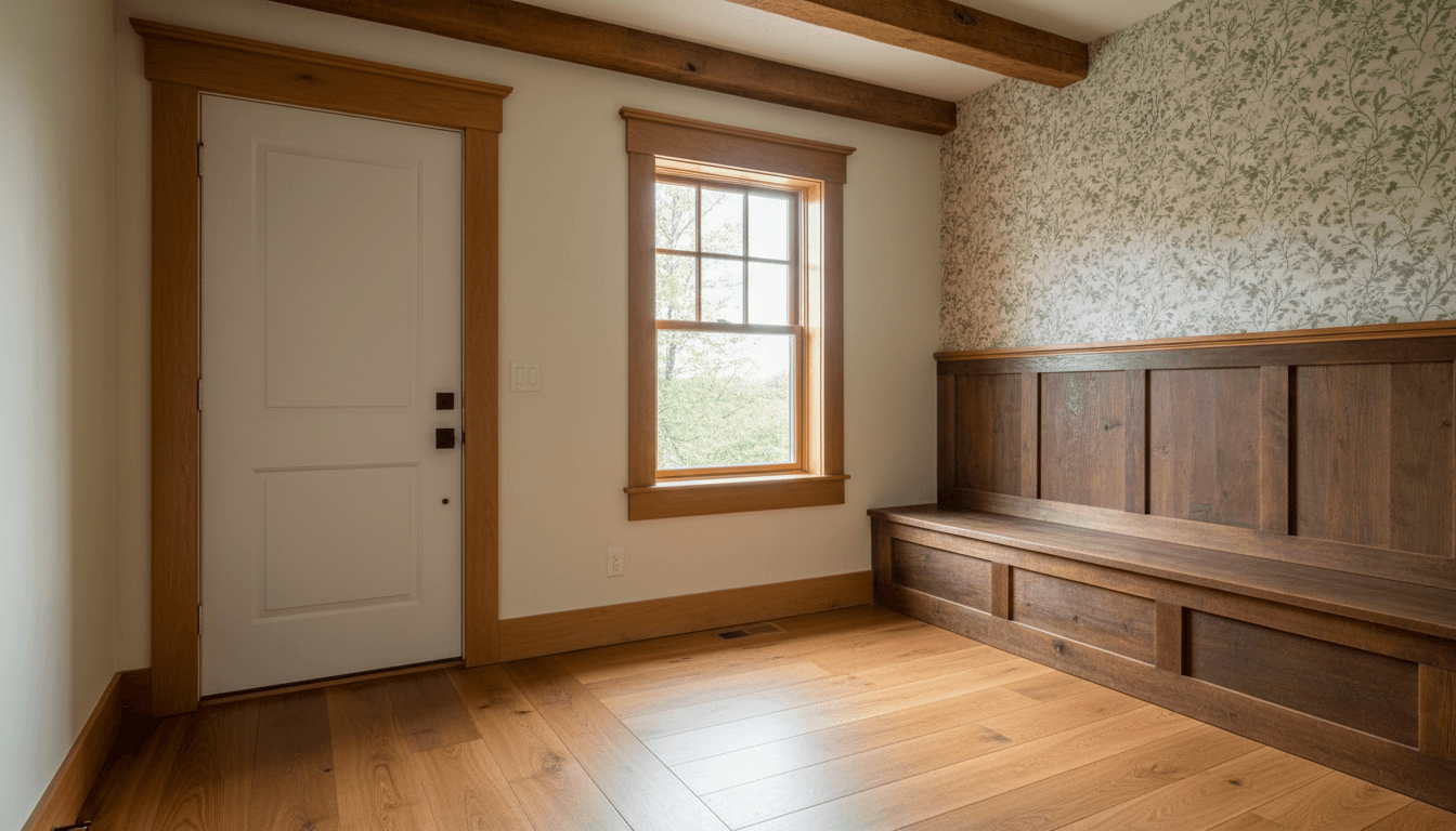 Interior finish carpentry detail with custom trim, built-in bench, and wood flooring in a home