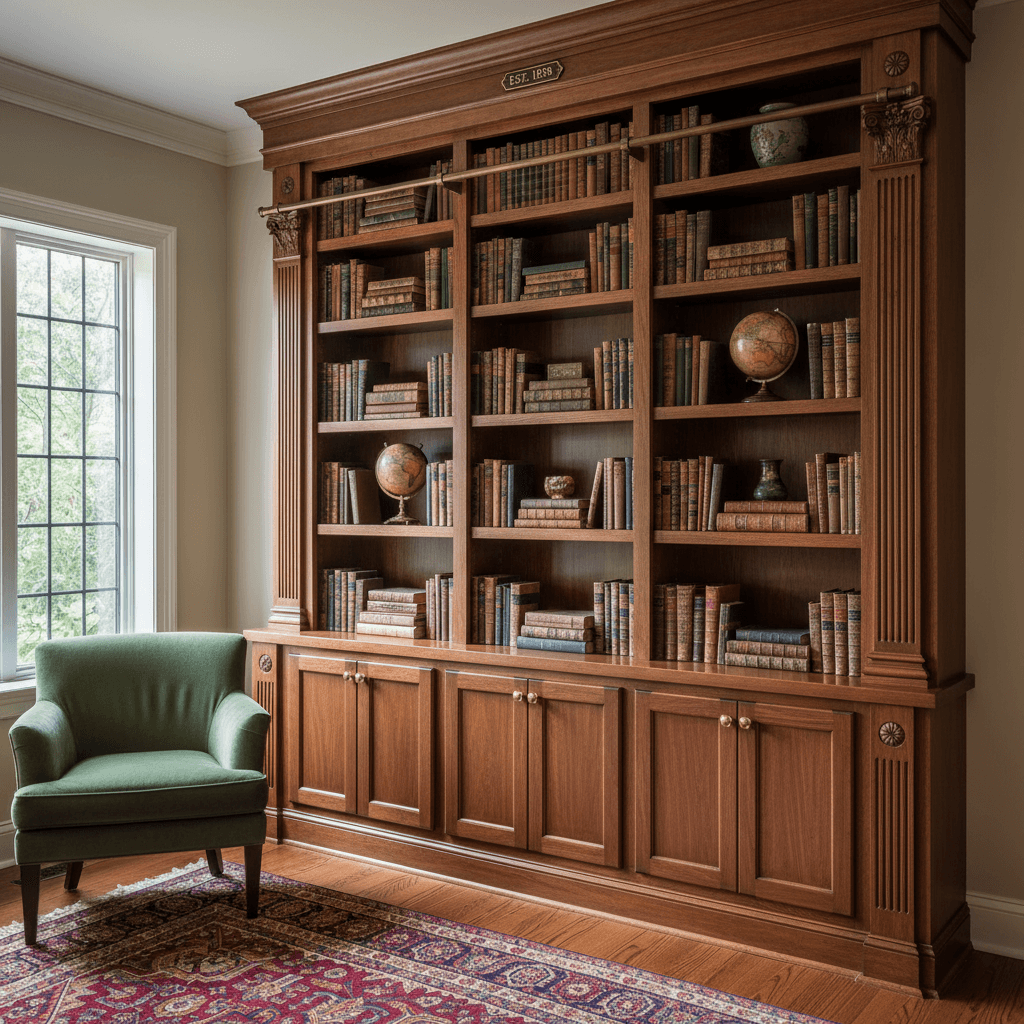 Custom built-in wooden bookshelf fitted snugly into a wall alcove