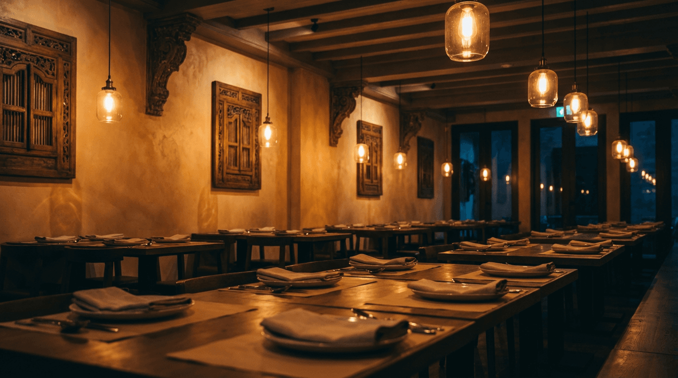 Rustic wooden beams and a vintage chandelier in a wallpapered room