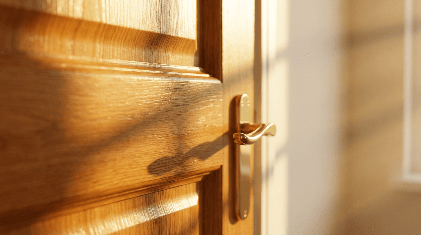 White door with hand-set casing and baseboard in a bright hallway