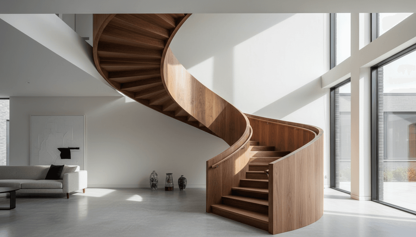 Interior staircase with even baluster spacing and a plumb newel