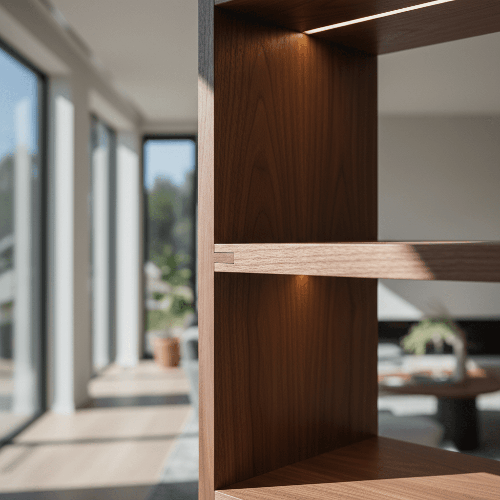Adjustable wood shelving fitted inside a finished closet