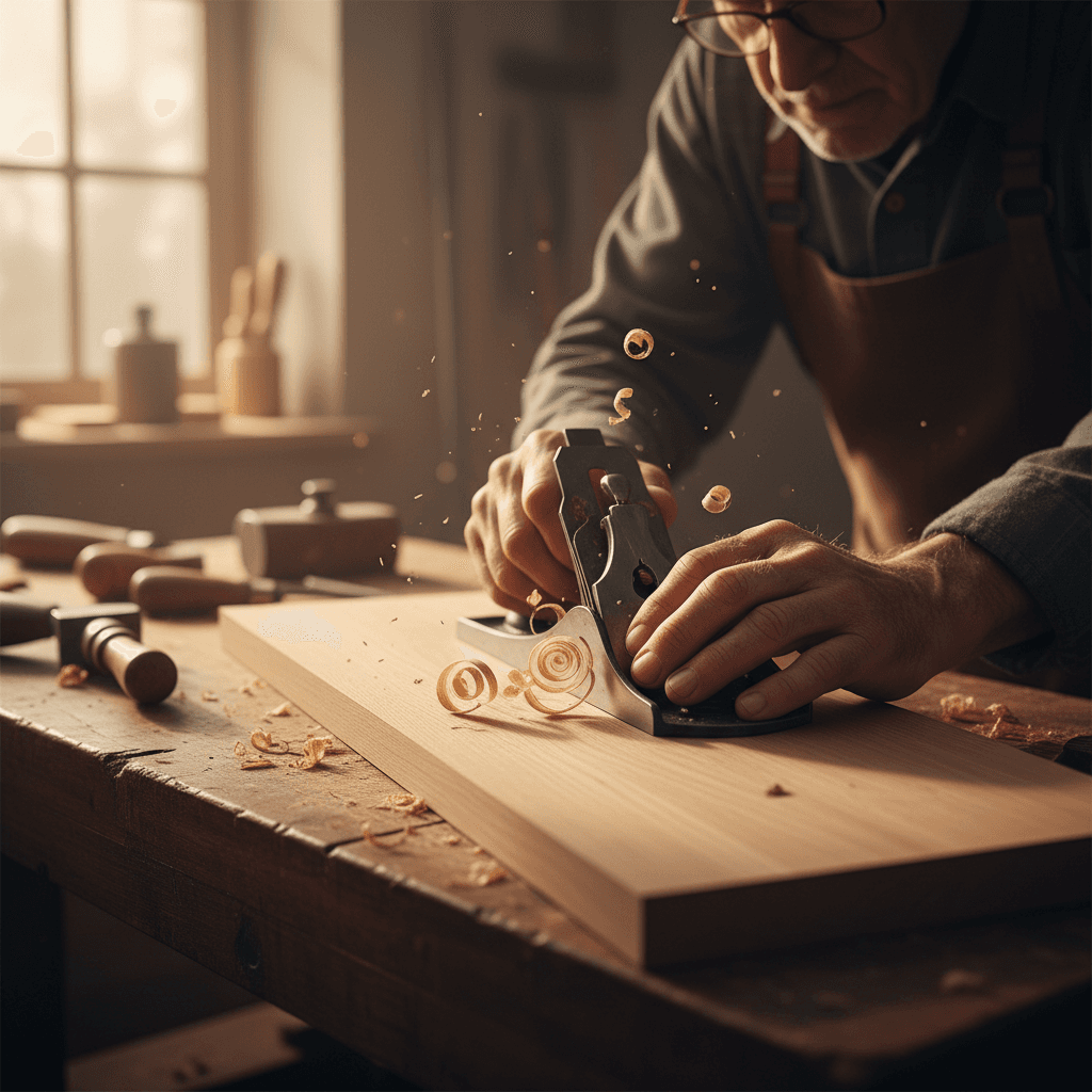 Carpenter hand-planing the edge of an oak board in a small Ulster County woodshop