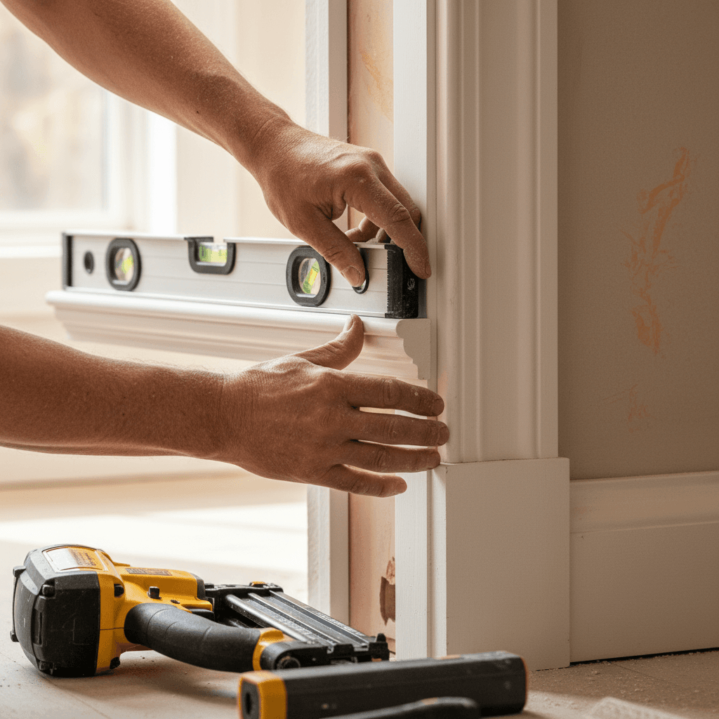 Hand-fitted white door and trim work in a room with fern-patterned wallpaper