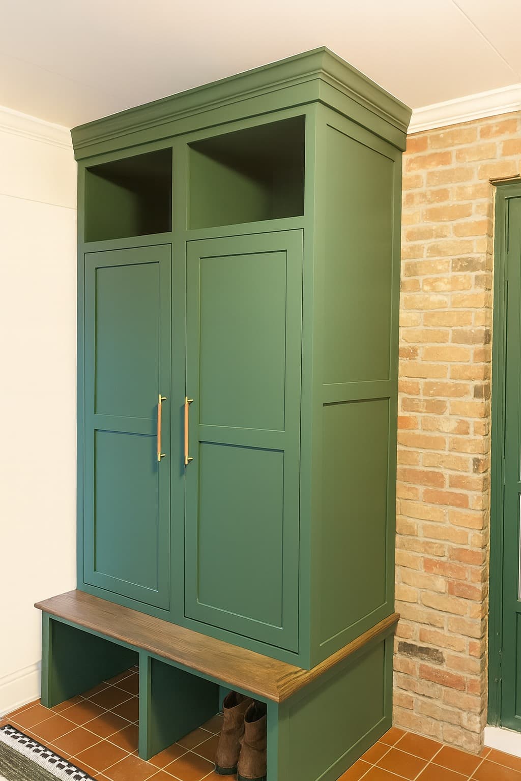 Forest green built-in mudroom unit featuring shaker doors, gold handles, and a wooden storage bench.