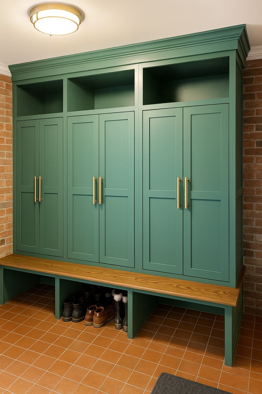 Elegant green mudroom storage unit featuring gold hardware, a wood bench, and shoe cubbies.
